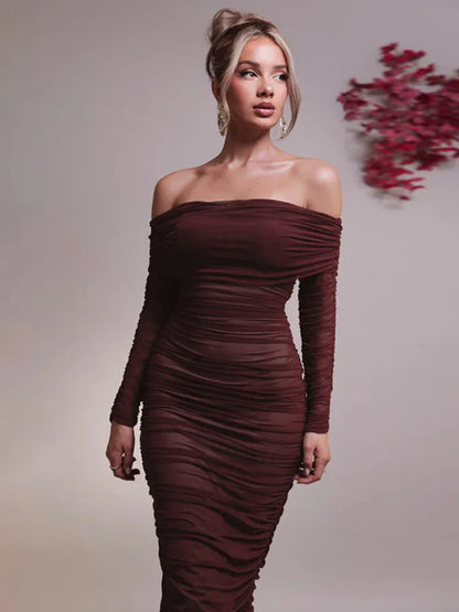Vestido maxi sexy de manga larga con hombros descubiertos para mujer, nuevo vestido de otoño sin tirantes, espalda descubierta, ajustado, fruncido, para fiesta