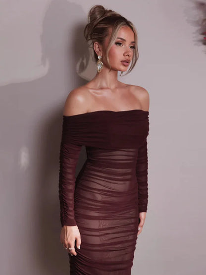 Vestido maxi sexy de manga larga con hombros descubiertos para mujer, nuevo vestido de otoño sin tirantes, espalda descubierta, ajustado, fruncido, para fiesta