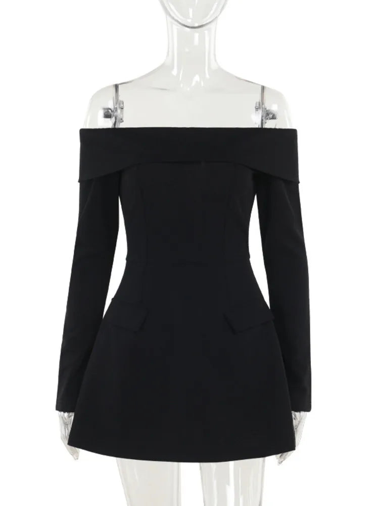 Vestido mini sexy de manga larga con hombros descubiertos para mujer, dos bolsillos, sin tirantes, espalda descubierta, corte en A, para fiesta en club, elegante