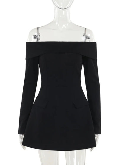 Vestido mini sexy de manga larga con hombros descubiertos para mujer, dos bolsillos, sin tirantes, espalda descubierta, corte en A, para fiesta en club, elegante