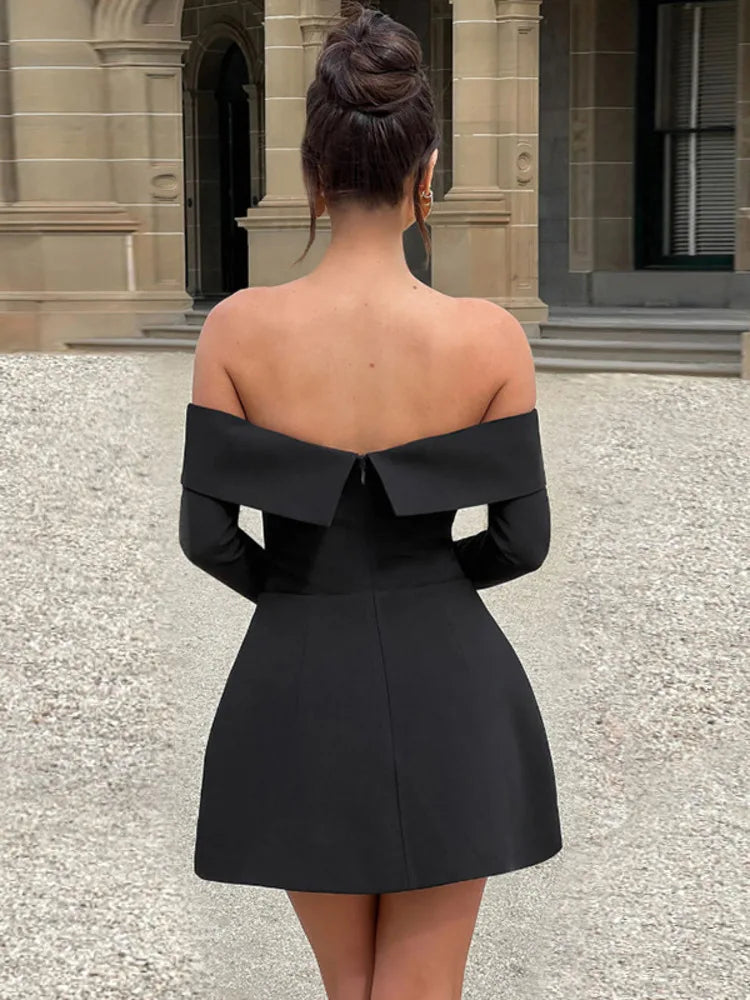 Vestido mini sexy de manga larga con hombros descubiertos para mujer, dos bolsillos, sin tirantes, espalda descubierta, corte en A, para fiesta en club, elegante