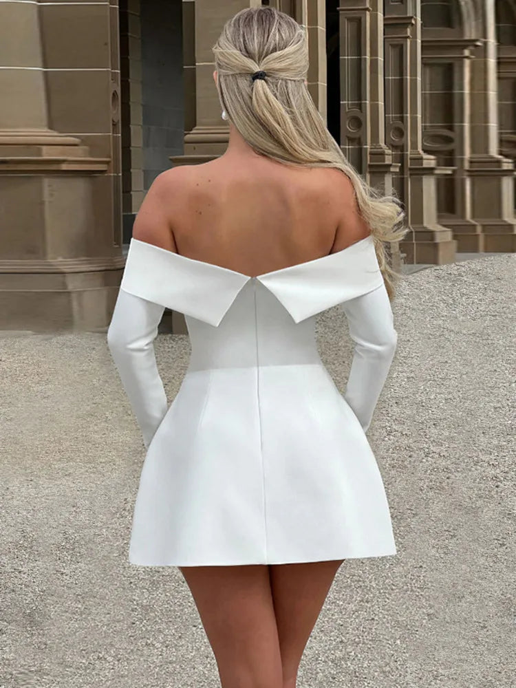 Vestido mini sexy de manga larga con hombros descubiertos para mujer, dos bolsillos, sin tirantes, espalda descubierta, corte en A, para fiesta en club, elegante
