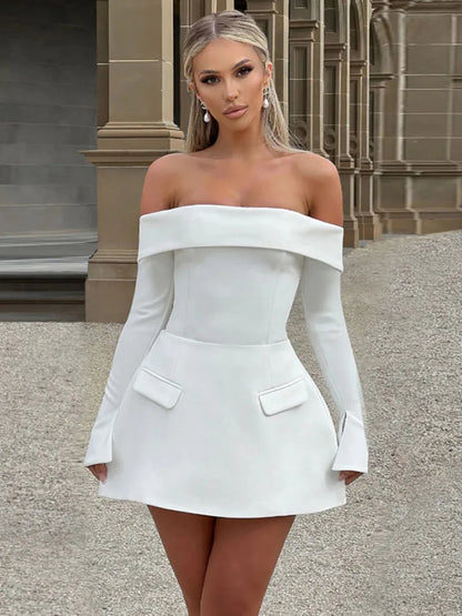 Vestido mini sexy de manga larga con hombros descubiertos para mujer, dos bolsillos, sin tirantes, espalda descubierta, corte en A, para fiesta en club, elegante