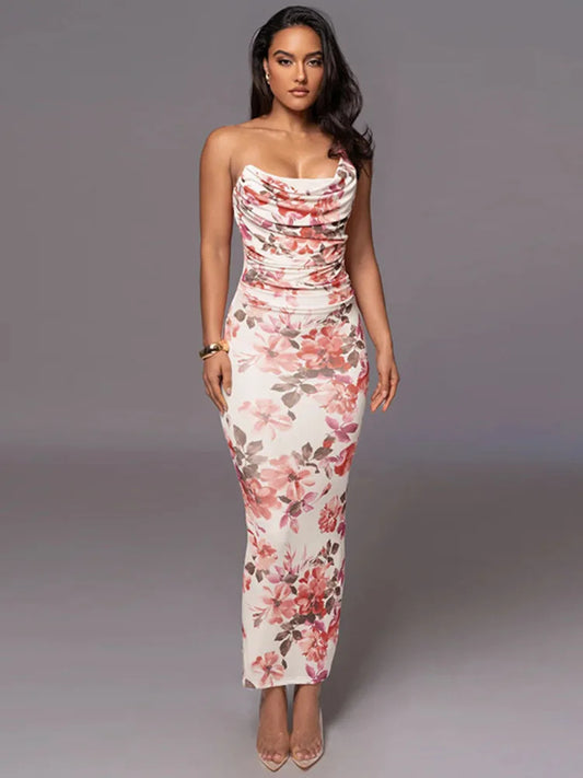 One Shoulder Print Sexy Midi Dress For Women Fashion Off-shoulder Backless Sleeveless Bodycon Club Party Long Dress