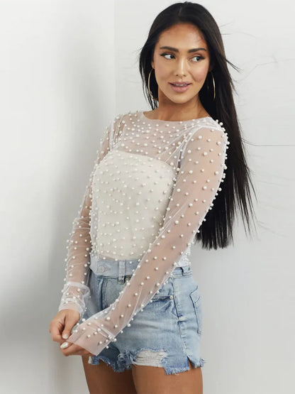 Camiseta transparente de malla de perla para mujer, blusa de manga larga a la moda, blusa sexy de verano con cuello en U para mujer