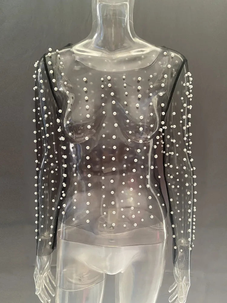 Camiseta transparente de malla de perla para mujer, blusa de manga larga a la moda, blusa sexy de verano con cuello en U para mujer