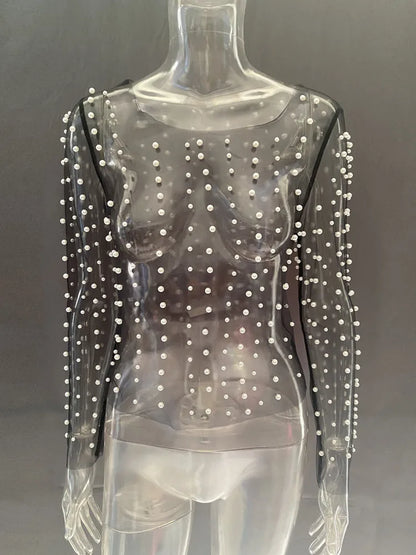 Camiseta transparente de malla de perla para mujer, blusa de manga larga a la moda, blusa sexy de verano con cuello en U para mujer