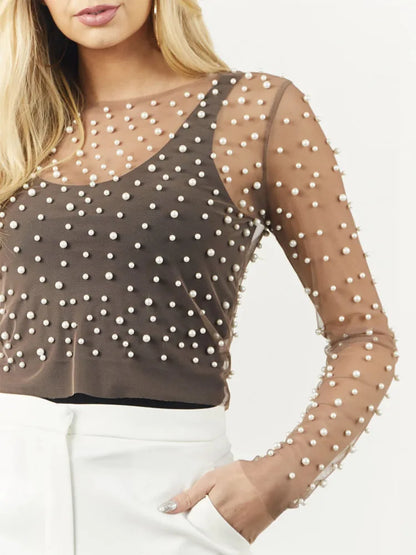 Camiseta transparente de malla de perla para mujer, blusa de manga larga a la moda, blusa sexy de verano con cuello en U para mujer