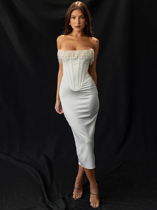 Pearl Tassel Sexy Midi Dress For Women Fashion Party Outfits Off-shoulder Strapless Backless Bodycon Club Sexy Dress
