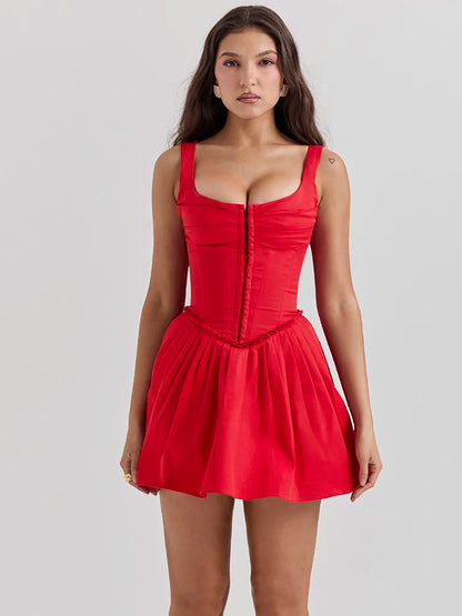 Vestido mini rojo sin mangas para mujer, cuello cuadrado, espalda descubierta, corsé, moda femenina, corte en A, vestido sexy para fiesta y club, elegante