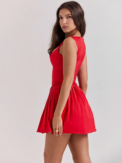 Vestido mini rojo sin mangas para mujer, cuello cuadrado, espalda descubierta, corsé, moda femenina, corte en A, vestido sexy para fiesta y club, elegante