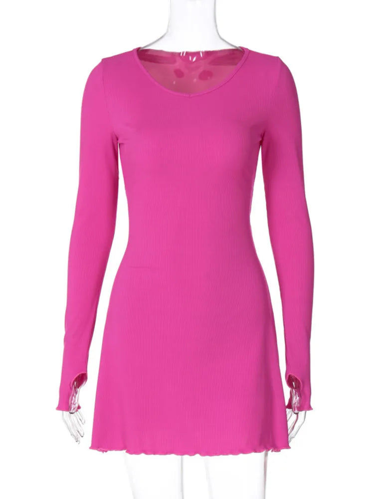 Vestido mini sexy de manga larga acanalado para mujer, otoño invierno, nuevo, cuello redondo, vendaje con cordones, vestido elegante de moda, vestidos