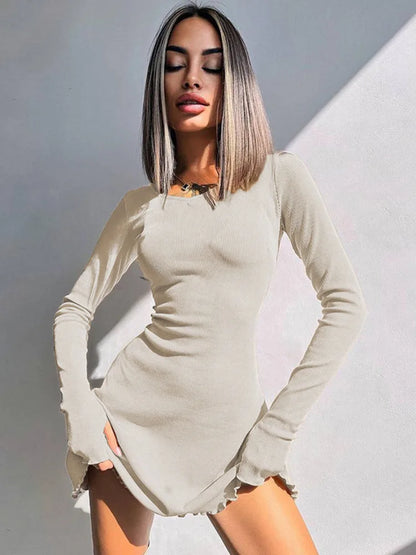 Vestido mini sexy de manga larga acanalado para mujer, otoño invierno, nuevo, cuello redondo, vendaje con cordones, vestido elegante de moda, vestidos