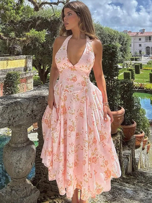 Sexy Print Deep V-neck Sleeveless Backless Neck-mounted Dress Women Slim High Waist Birthday Party Dress Femme Outfits