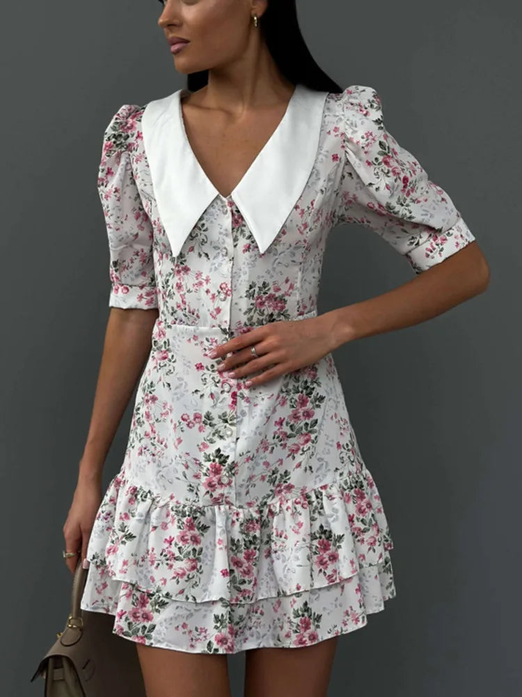 Vestido mini floral de manga corta para mujer, elegante vestido francés con cuello vuelto, vestidos de cintura alta a la moda para mujer