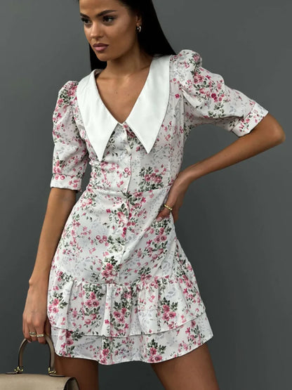 Vestido mini floral de manga corta para mujer, elegante vestido francés con cuello vuelto, vestidos de cintura alta a la moda para mujer