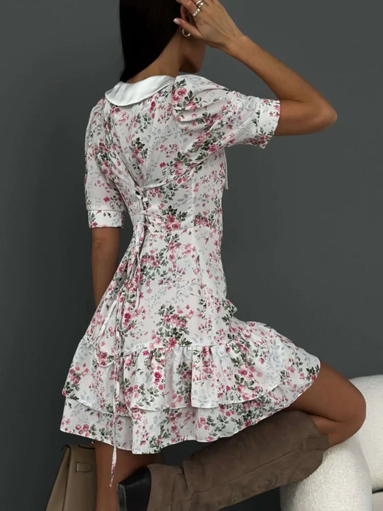 Vestido mini floral de manga corta para mujer, elegante vestido francés con cuello vuelto, vestidos de cintura alta a la moda para mujer