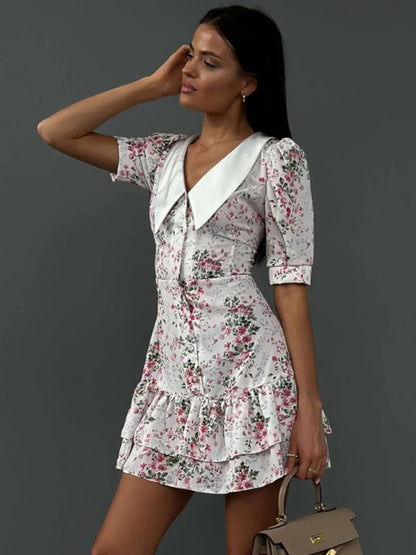 Vestido mini floral de manga corta para mujer, elegante vestido francés con cuello vuelto, vestidos de cintura alta a la moda para mujer