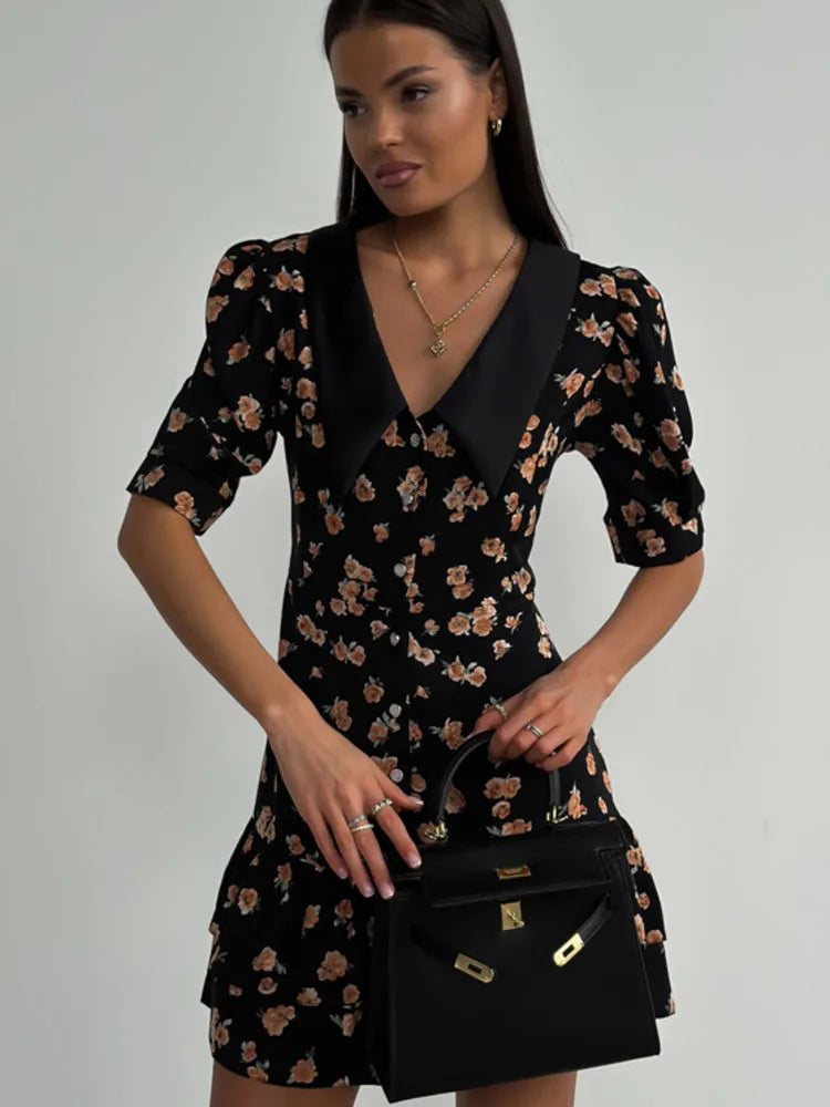 Vestido mini floral de manga corta para mujer, elegante vestido francés con cuello vuelto, vestidos de cintura alta a la moda para mujer