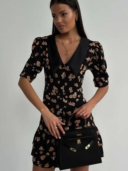Vestido mini floral de manga corta para mujer, elegante vestido francés con cuello vuelto, vestidos de cintura alta a la moda para mujer