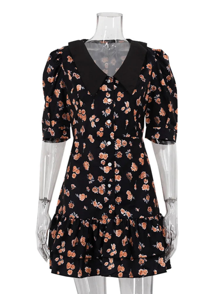 Vestido mini floral de manga corta para mujer, elegante vestido francés con cuello vuelto, vestidos de cintura alta a la moda para mujer