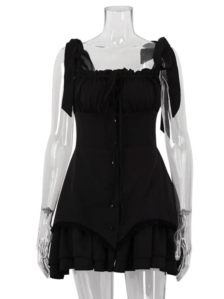 Vestido mini sexy sin mangas con volantes para mujer, bata con tirantes finos, espalda descubierta, con cordones, vestido ajustado, elegante ropa de club.