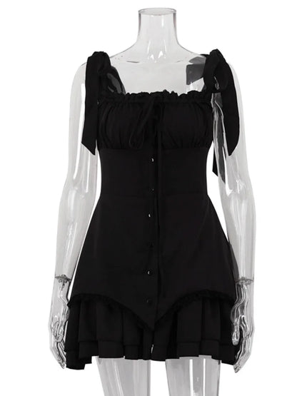 Vestido mini sexy sin mangas con volantes para mujer, bata con tirantes finos, espalda descubierta, con cordones, vestido ajustado, elegante ropa de club.