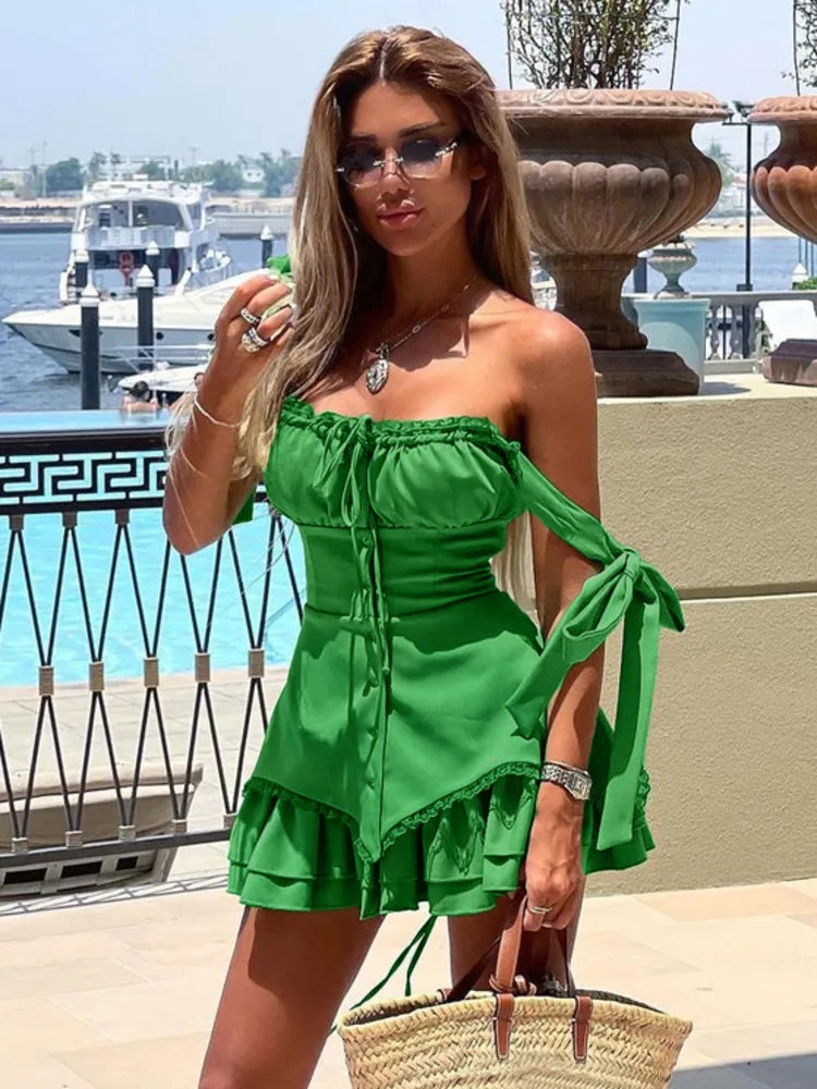 Vestido mini sexy sin mangas con volantes para mujer, bata con tirantes finos, espalda descubierta, con cordones, vestido ajustado, elegante ropa de club.