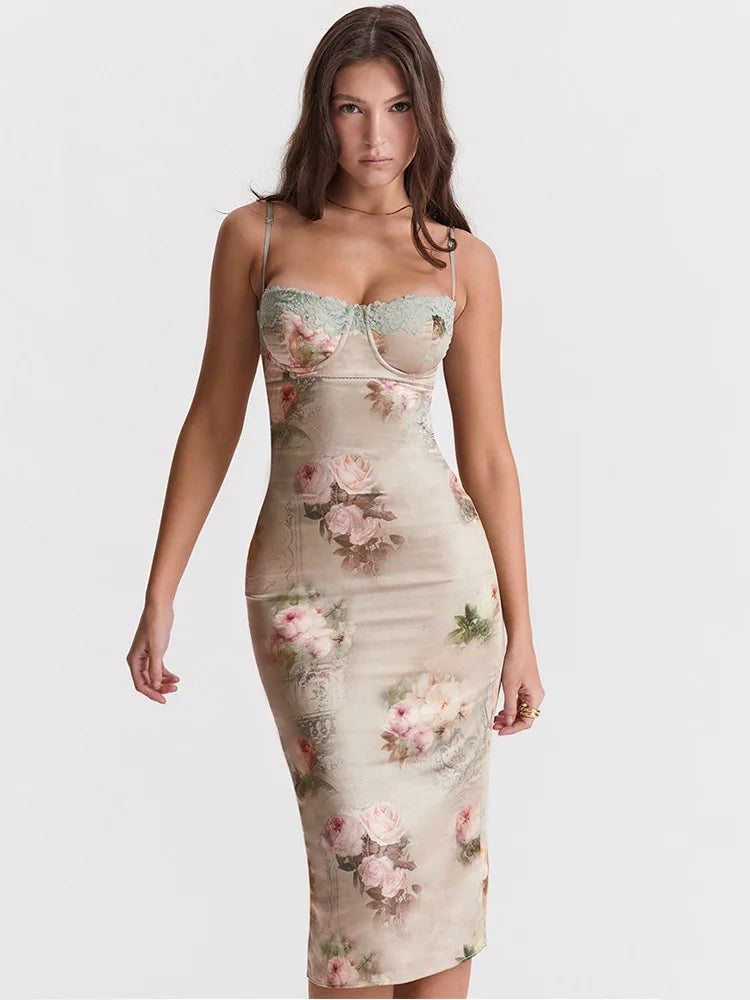 Spaghetti Strap Lace Print Midi Dress For Women Robe Strapless Backless High Waist Bodycon Club Party Long Dress