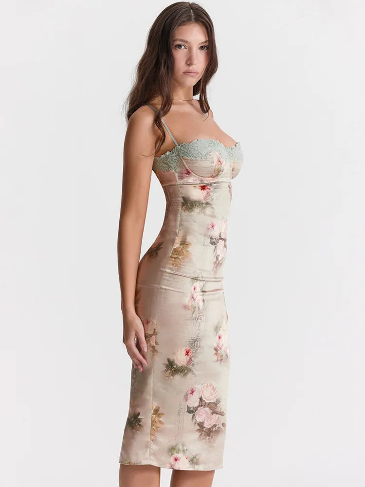 Spaghetti Strap Lace Print Midi Dress For Women Robe Strapless Backless High Waist Bodycon Club Party Long Dress