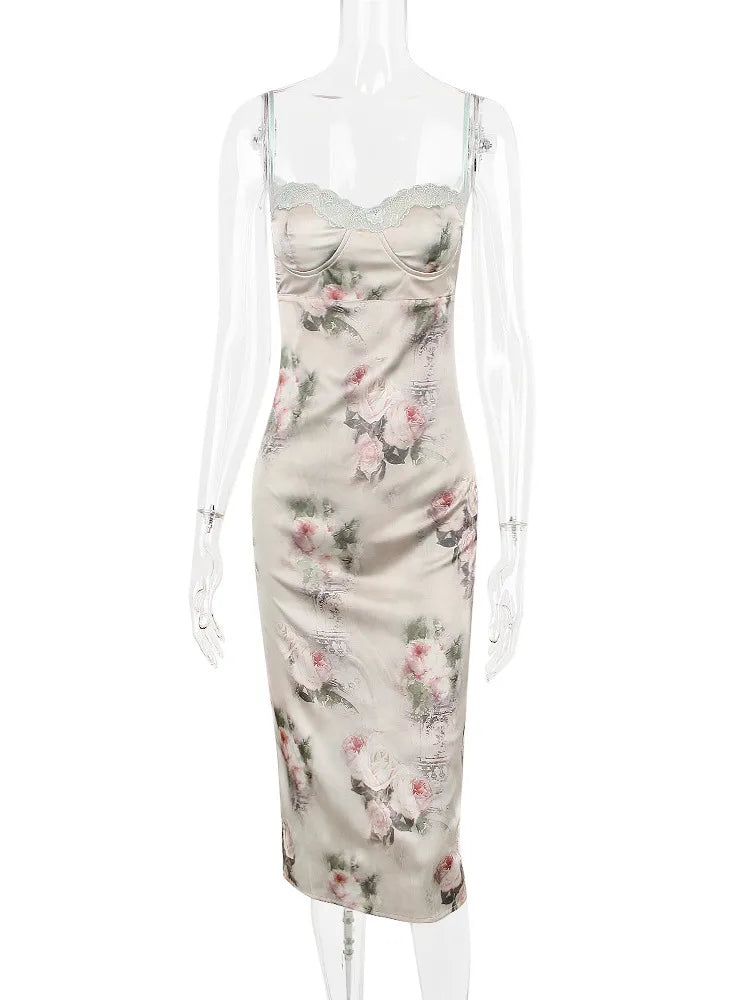 Spaghetti Strap Lace Print Midi Dress For Women Robe Strapless Backless High Waist Bodycon Club Party Long Dress