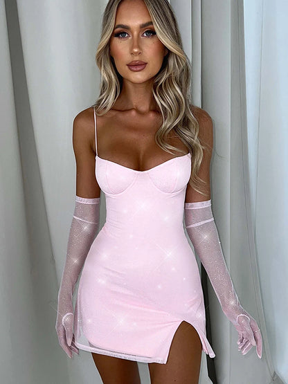 Minivestido sexy brillante para mujer, nuevo vestido con tirantes finos y mangas, sin espalda, sin mangas, con purpurina, para fiesta y club