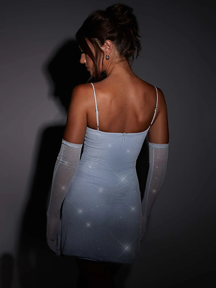Minivestido sexy brillante para mujer, nuevo vestido con tirantes finos y mangas, sin espalda, sin mangas, con purpurina, para fiesta y club