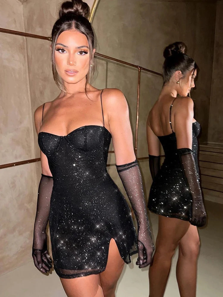 Minivestido sexy brillante para mujer, nuevo vestido con tirantes finos y mangas, sin espalda, sin mangas, con purpurina, para fiesta y club