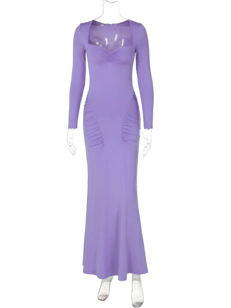 Vestido largo sexy de manga larga con cuello cuadrado para mujer, vestido de moda elegante de otoño, vestido maxi ajustado liso, ropa de club.