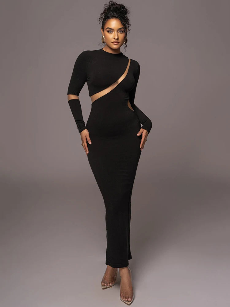 Vestido largo ajustado de manga larga con cuello alto para mujer, vestido largo sexy de otoño con retazos y aberturas para fiesta y club.