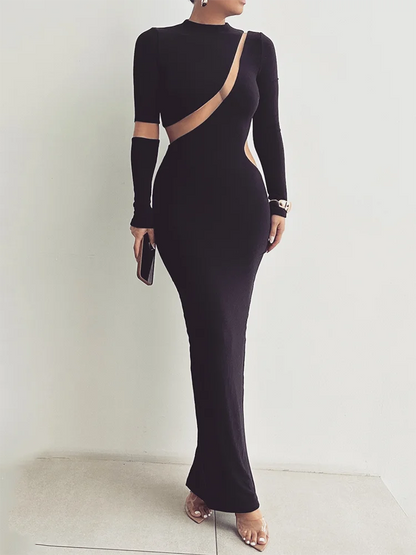 Vestido largo ajustado de manga larga con cuello alto para mujer, vestido largo sexy de otoño con retazos y aberturas para fiesta y club.