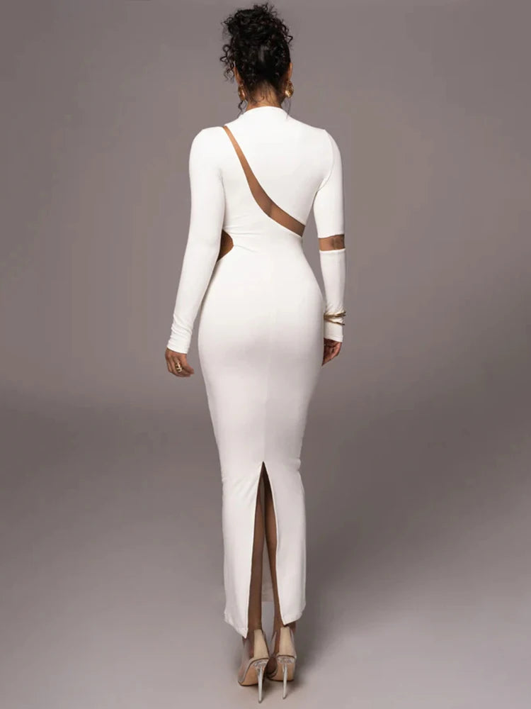 Vestido largo ajustado de manga larga con cuello alto para mujer, vestido largo sexy de otoño con retazos y aberturas para fiesta y club.
