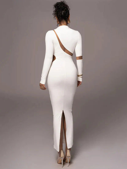 Vestido largo ajustado de manga larga con cuello alto para mujer, vestido largo sexy de otoño con retazos y aberturas para fiesta y club.