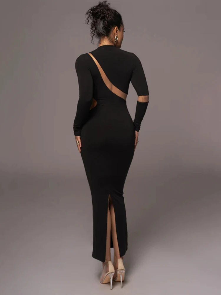 Vestido largo ajustado de manga larga con cuello alto para mujer, vestido largo sexy de otoño con retazos y aberturas para fiesta y club.