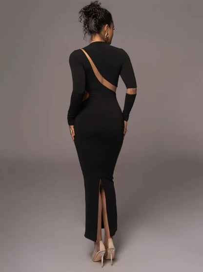 Vestido largo ajustado de manga larga con cuello alto para mujer, vestido largo sexy de otoño con retazos y aberturas para fiesta y club.