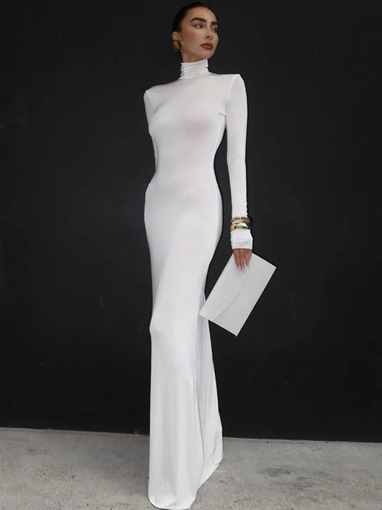 Vestido largo de cuello alto y manga larga para mujer, vestido de otoño e invierno, nuevo, liso, sexy, largo hasta el suelo.