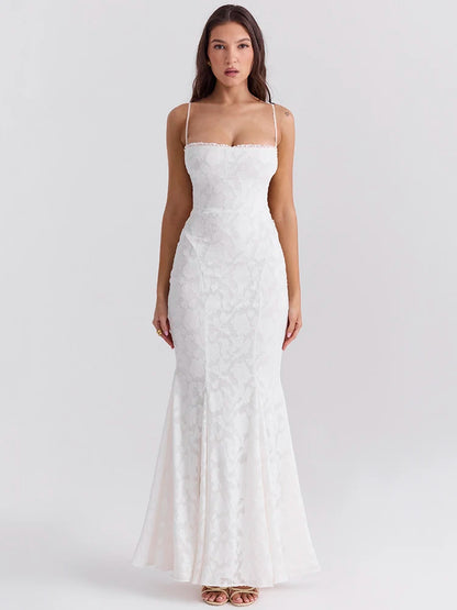 Vestido largo blanco sin espalda con cordones y tirantes finos, sexy, para mujer, de verano, ajustado, para fiesta