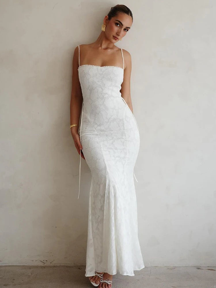 Vestido largo blanco sin espalda con cordones y tirantes finos, sexy, para mujer, de verano, ajustado, para fiesta