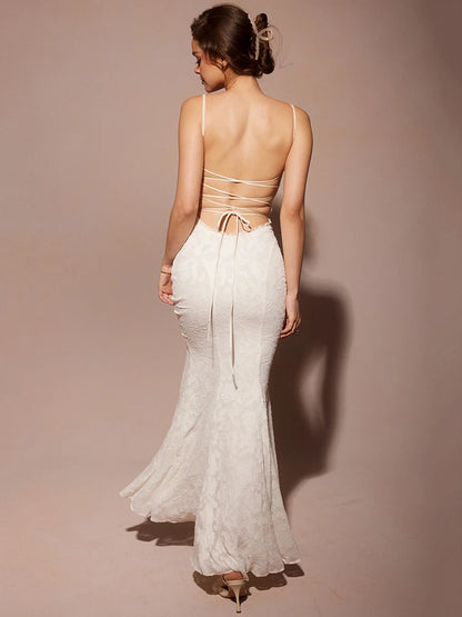 Vestido largo blanco sin espalda con cordones y tirantes finos, sexy, para mujer, de verano, ajustado, para fiesta
