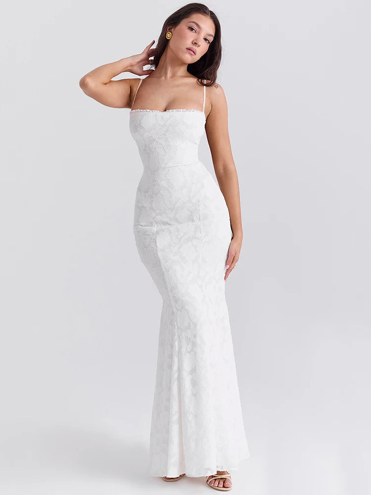 Vestido largo blanco sin espalda con cordones y tirantes finos, sexy, para mujer, de verano, ajustado, para fiesta