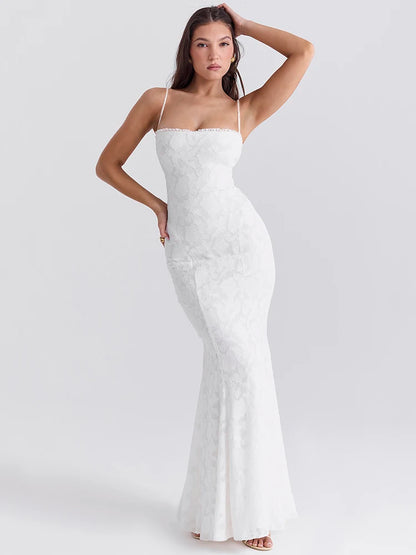 Vestido largo blanco sin espalda con cordones y tirantes finos, sexy, para mujer, de verano, ajustado, para fiesta
