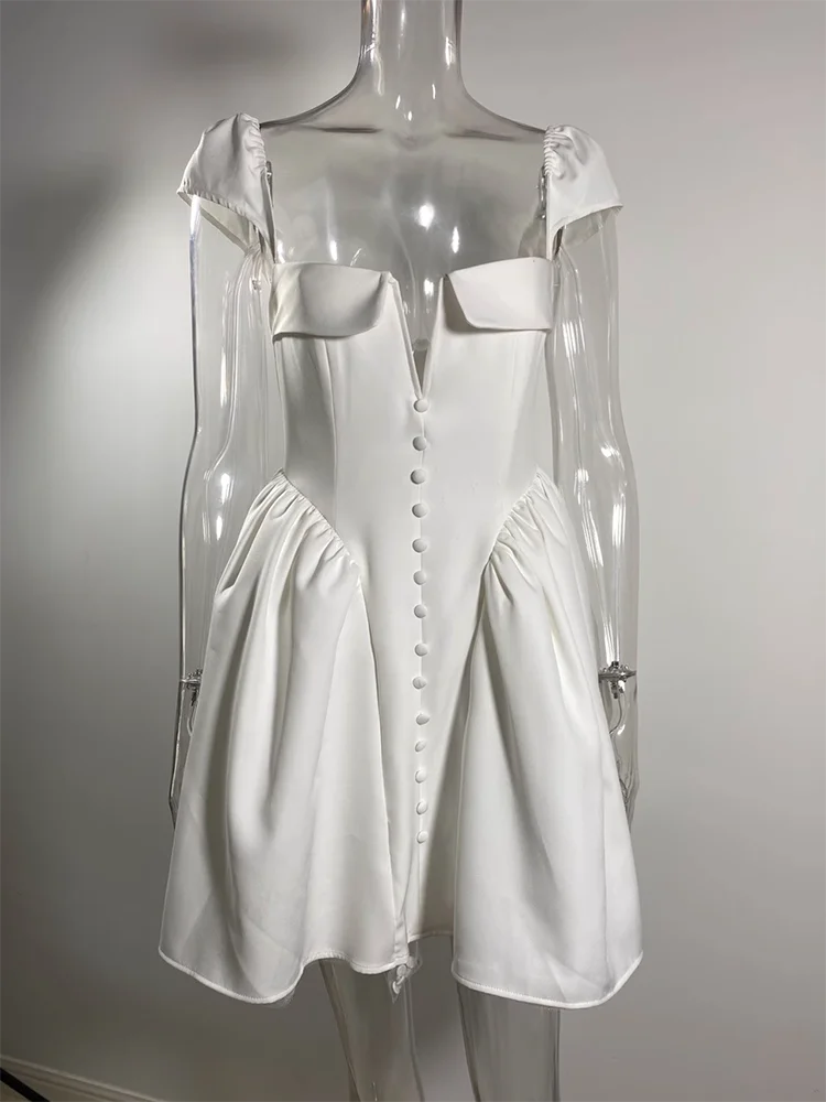 Vestido mini sexy blanco sin espalda para mujer, moda, cuello cuadrado, manga corta, cintura alta, corte A, vestido sexy para fiesta en club