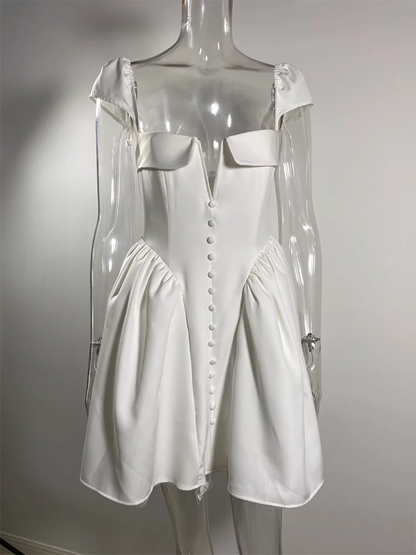 Vestido mini sexy blanco sin espalda para mujer, moda, cuello cuadrado, manga corta, cintura alta, corte A, vestido sexy para fiesta en club
