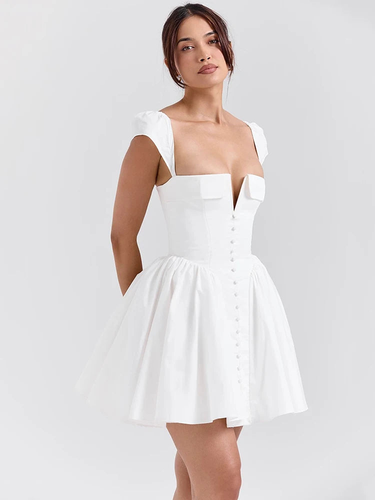 Vestido mini sexy blanco sin espalda para mujer, moda, cuello cuadrado, manga corta, cintura alta, corte A, vestido sexy para fiesta en club